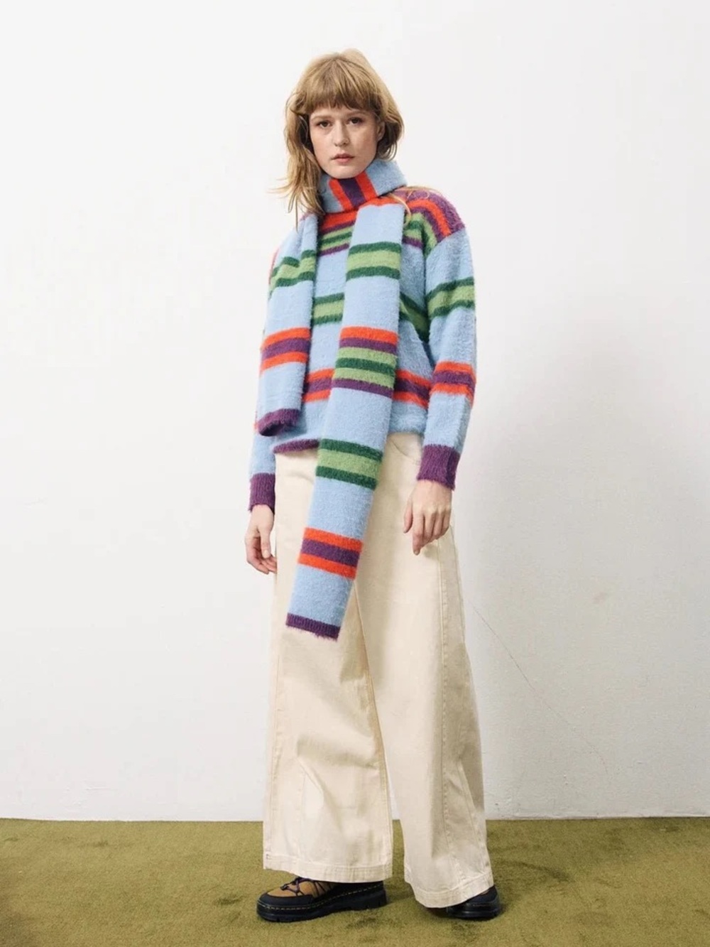 FRNCH Paris NWT Phoeby Fuzzy Striped Colorblock Bleu Jean Scarf